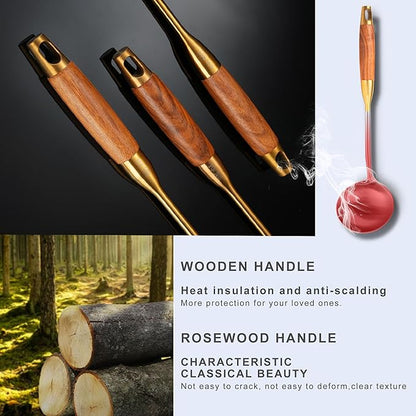 Gold Kitchen Utensils Set with Wooden Handle, 6 PCS Professional Cooking Utensils Set, Wok Spatula, Ladle, Skimmer, Slotted Spatula Turner, Spaghetti Spoon, Large Spoon