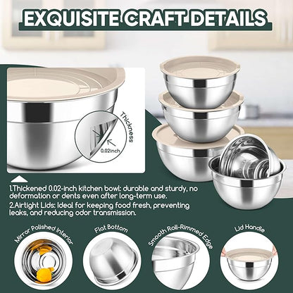 Herogo 5-Piece Mixing Bowls with Lids, 3 Grater Attachments, Stainless Steel Salad Bowls for Kitchen, Size 4.6, 3.5, 2.5, 2, 1.5QT Ideal for Baking, Prepping, Mixing and Serving, Khaki