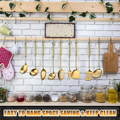 9 Pcs 304 Stainless Steel Utensils Set with Wood Handle Metal Cooking Tool Spatula, Solid Spoon, Slotted Spoon, Fork, Ladle, Skimmer, Slotted Spatula Spaghetti(Gold,Stainless Steel)