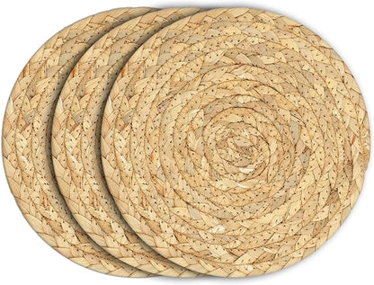 Boho Trivets for Hot Dishes, Pots and Pans, Farmhouse Water Hyacinth Hot Pads 8 Inch, Straw Pot Holders for Kitchen, Rustic Braided Heat Resistant Mat, Jute Coasters Set Wicker Decor (Natural 3 Pcs)