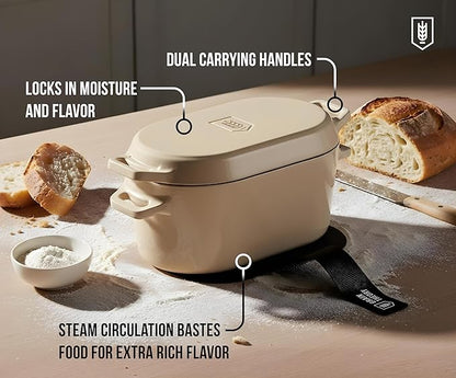 KooK Dutch Oven, for Bread Baking, Sourdough Loaf Pan, with Lid, Dual Handles, Enameled Cast Iron, includes Lid Lever, Dishwasher Safe, 3.4 Qt, Ivory