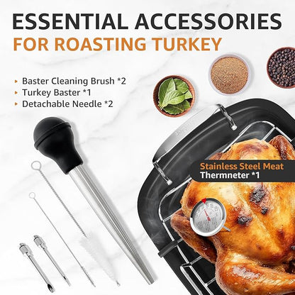 Roasting Pan, 17x13 Inch Nonstick Turkey Roaster with Removable Rack & Cooking Kit,Roaster Pan for Roasting Turkey, Meat & Vegetables (Silver)