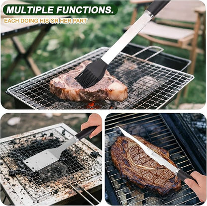 Grilling Accessories Set Spatula Fork Cleaning Brush Food Tongs Carving Knife Basting Brush Durable Stainless Steel BBQ Grill Tools with Extra Thick Storage Case BBQ Accessories Grill Set