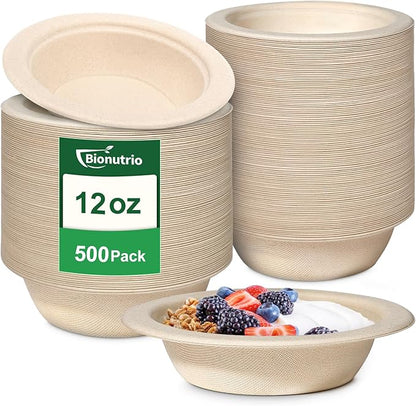 12 oz Paper Bowls Disposable, 500 Pack Heavy Duty Paper Bowls Bulk, Compostable Disposable Soup Bowls, Eco-Friendly Biodegradable Bowl Natural Brown, Microwavable Safe
