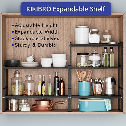 Expandable Kitchen Shelf Organizers, Kitchen Cabinet Organizer Stand Rack Organization for Countertop Cupborad Pantry, Black 3 Pack