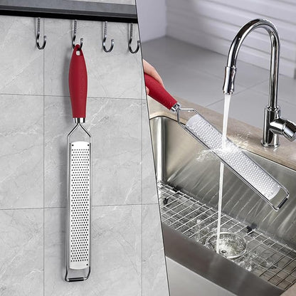 Rainspire Zester Grater with Handle, Lemon Zester Cheese Grater for Kitchen Stainless Steel, Parmesan Cheese Garlic Nutmeg Chocolate Fruits Vegetables Ginger Grater, Fine, Red