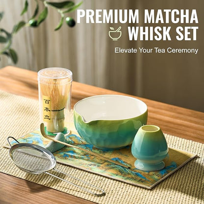 Matcha Whisk Set 7 Pcs, Matcha Kit with Bowl, Whisk and Holder, Bamboo Scoop, Scoop Rest, Sifter & Tea Towel, matcha Tea set Gifts for Matche Lovers Making Latte Breakfast