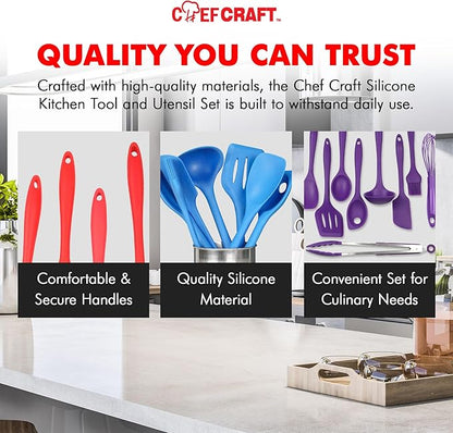 Chef Craft - Premium Silicone Kitchen Tools and Utensils Set, Non-Scratch, Withstands Temperatures up to 450°F, BPA-Free, 9 Piece Cooking Utensils Set, Gray