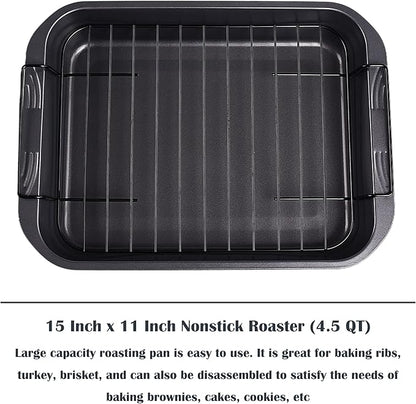kitCom Bakeware Nonstick Roaster, Nonstick Roasting Pan with Rack, Great For Roast Chicken, Roasts And Turkeys - 15 Inch x 11 Inch (5.8 QT), Gray