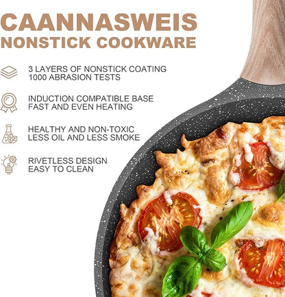 Caannasweis Nonstick Granite Frying Pan Skillet, Non Stick Omelette Fry Pans, Omelet Egg Pan, Stone Cookware Chef's Pan, Induction Compatible, PFOA Free (Gray, 12 Inch with Lid)