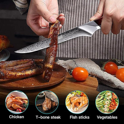 FINDKING Nebula Series Boning Knife, Versatile Deboning Knife, 10Cr15CoMov Damascus Steel Blade, Resin and Figured Sycamore Handle, Full Tang, 5.5 Inch, Red, for Skinning, Removing Fat, Filleting
