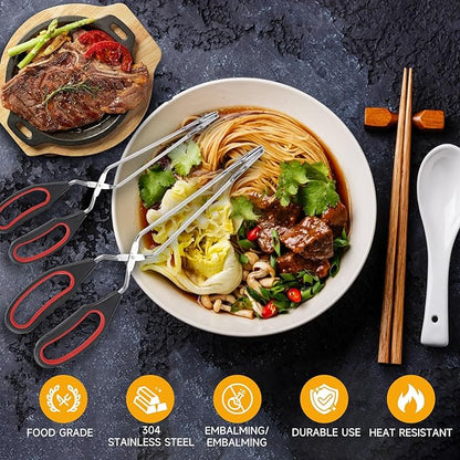 Tongs for Cooking, Set of 2 Heat Resistant Stainless Steel 10-Inch and 12-Inch Kitchen Scissor Tongs for BBQ, Food, Salad