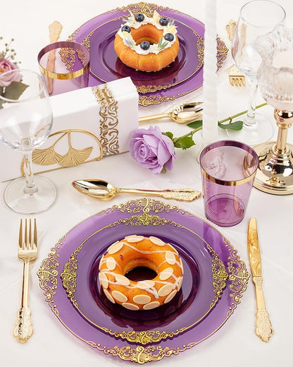 Nervure 350PCS Purple Plastic Plates - Purple Plastic Dinnerware Sets for 50 Guests - 100 Disposable Plates, 150 Gold Silverware, 50 Cups, 50 Napkins for Wedding & Party