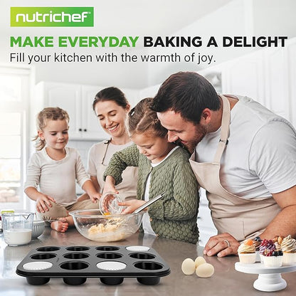 NutriChef Muffin Pans for Baking 4-Pack | Nonstick 12 Mold Cupcake Tins | Carbon Steel Stackable Cup Cake Trays | Dishwasher & Oven Safe | Includes 200 Parchment Paper Liners | 13 x 10 x 1 | Black