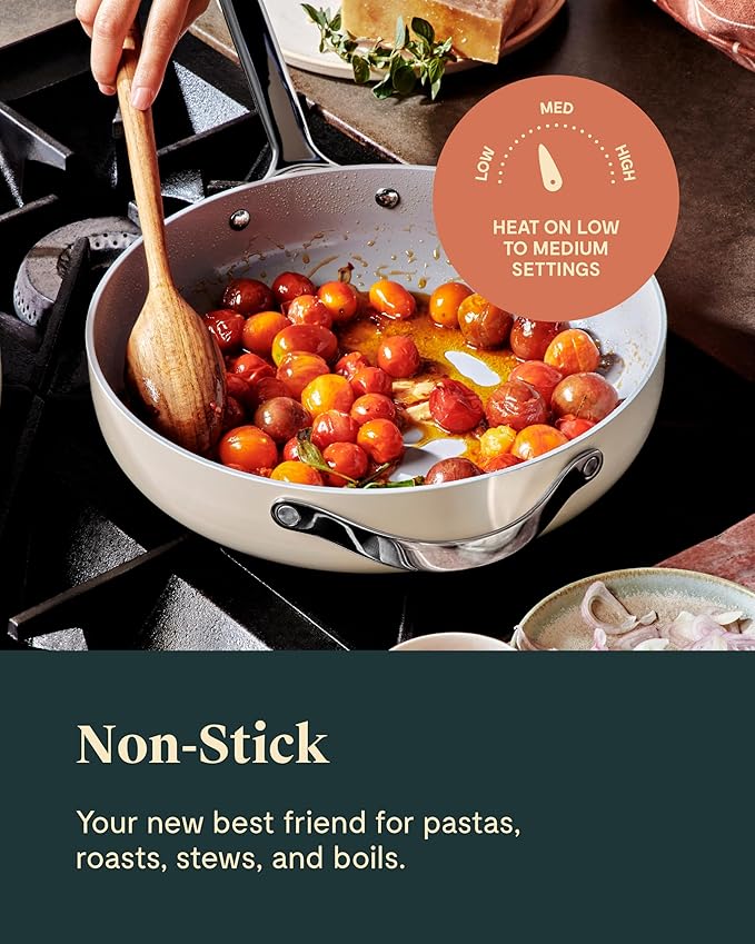 Caraway Nonstick Ceramic Sauté Pan with Lid (4.5 qt, 11.8") - Non Toxic, PTFE & PFOA Free - Oven Safe & Compatible with All Stovetops (Gas, Electric & Induction) - Cream