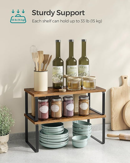 SONGMICS Cabinet Organizer Shelf, Set of 4 Kitchen Counter Shelves, Kitchen Storage, Spice Rack, Stackable, Expandable, Metal and Engineered Wood, Ink Black and Rustic Brown UKCS022X01
