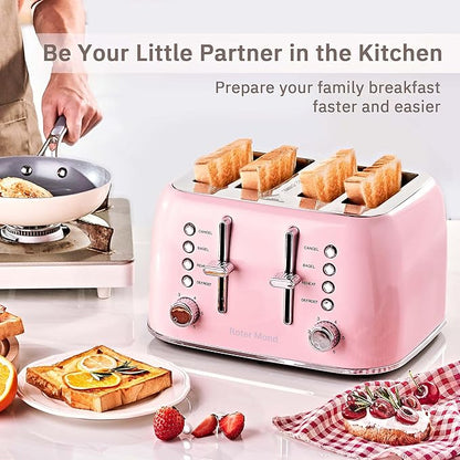 Roter Mond Toaster 4 Slice Retro Stainless Steel with Extra Wide Slots Bagel, Defrost, Reheat Function, Dual Independent Control Panel, Removable Crumb Tray, 6 Browning Levels, Pink