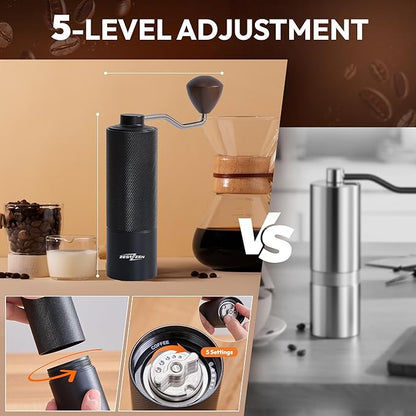 Manual Coffee Grinder – Portable Conical Burr Hand Grinder with Adjustable Settings & Double Bearings – Stainless Steel Coffee Mill for Espresso, French Press, Travel & Camping Gift