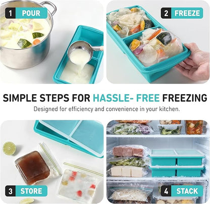 Silicone Freezer Tray with Lid Soup Freezer Container Molds with Steel Reinforced Rim Ice Cube Freezer Molds for Soup, Sauce, Leftovers, Homemade Meal Prep Containers Portion Control Food Storage