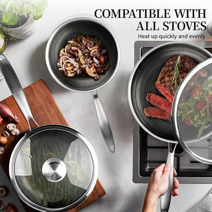 6-Piece Stainless Steel Frying Pan Set with Lids, Honeycomb Nonstick, Induction Compatible, PFOA Free