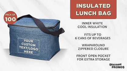 Custom Insulated Cooler Lunch Bag Set of 100, Personalized Bulk Pack - Perfect for Work, Travel, Outdoor Events - Blue