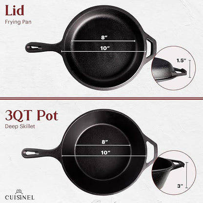 Cuisinel Cast Iron Skillet + Lid - 2-In-1 Multi Cooker - Deep Pot + Frying Pan - 3-Qt Dutch Oven - Pre-Seasoned Oven Cookware - Works for Bread, Indoor/Outdoor, Grill, Stovetop and Induction