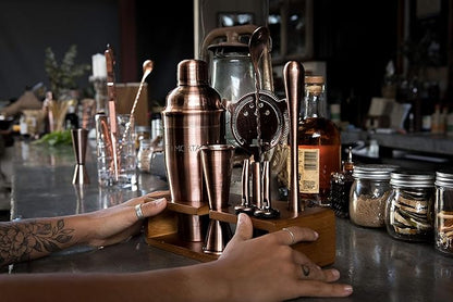 Mint & Mortar Cocktail Shaker Set, 7-Piece Bartender Kit with Stand, 24oz Martini Shaker Bottle Stainless Steel Bar Tools, Home Bar Accessories Drink Mixer, Barware Gift Set - Brushed Copper