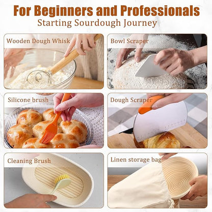 Panny Sourdough Starter Kit, Banneton Bread Proofing Basket with Glass Sour Dough Starter Jar, Sourdough Bread Baking Supplies, Making Tools, 9" Round & 10" Oval Baskets, Christmas Gift for Men Women
