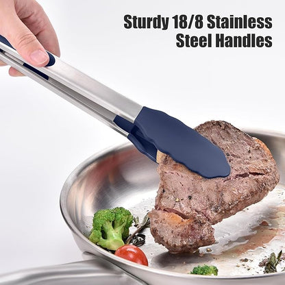 Doosu Kitchen Tongs for Cooking - 600°F Heat Resistant Food Tong Set with Non-Scratch Silicone Tips, Heavy Duty Stainless Steel Locking Tong for BBQ, Grilling Steak, Serving (7+9+12in, Navy Blue)