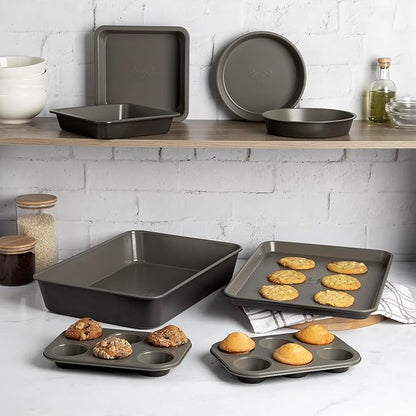 Goodful All-In-One Nonstick Bakeware Set, Stackable and Space Saving Design includes Round and Square Pans, Muffin Pans, Cookie Sheet and Roaster, Dishwasher Safe, 8-Piece, Graphite