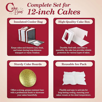 Cakebon Cake Box and Boards, 12-Inch Round Gold Smooth Edges 1/2- Inch Thick Drums with Insulated Bag and Ice Pack – Cake Transport Set, Cooler for Cake Delivery and Transport (1pc Each, 4pcs Total)