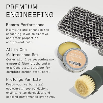 Made In Cookware - 3-Piece Carbon Steel Cleaning Set - Includes Chain Mail Scrubber, Cleaning Brush and Carbon Steel Seasoning Wax