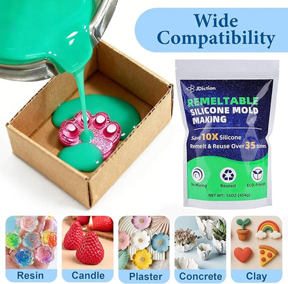JDiction Remeltable Silicone Mold Making Kit, 35X Reusable Silicone for Mold Making, No Mix, Non-Toxic, Odorless Silicone Rubber for Resin, Epoxy, Plaster, Soap, Candle Mold, Small Crafts-16oz