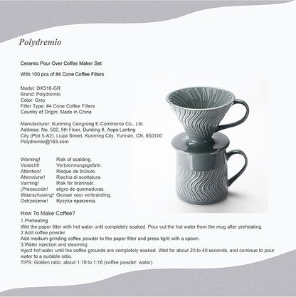 Pour Over Coffee Maker with 100 Sheets of V60 Paper Filter, 15 oz Ceramic Coffee Mug & Coffee Dripper, 1 Cup-Single brew coffee set, Grey