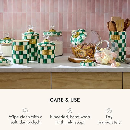 MACKENZIE-CHILDS Large Enamel Canister, Kitchen Storage Container with Lid, Green-and-White Emerald Check