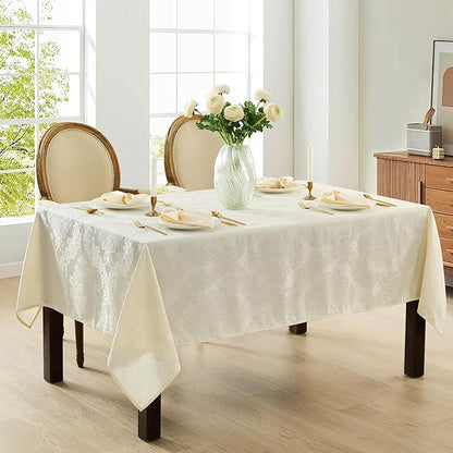 Newbridge Barcelona Luxury Damask Fabric Tablecloth, 52” Wide x 70” Rectangle, Antique White, 100% Polyester, No Iron, Soil Resistant Dining Room, Party and Banquet Table Cover