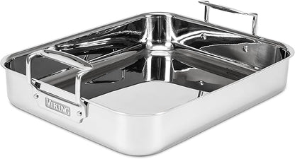 Viking 3-Ply Stainless Steel Roasting Pan with Non Stick Rack, 16 x 13 Inch Kitchen Cookware, Great for Turkey, Dishwasher and Oven Safe, Induction Ready, Silver