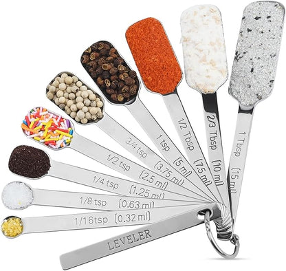 17-Piece Stainless Steel Measuring Cups and Spoons Set, Silver, 7 Cups & 9 Spoons + Leveler
