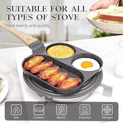 GiPP Non Stick Egg Pan - 3 Section Breakfast Frying Pan, 3-In-1 Divided Grill Pan with Heat-Resistant Handle, 7.9" Omelette Pan Compatible with All Stovetops, PFOA Free, Grey