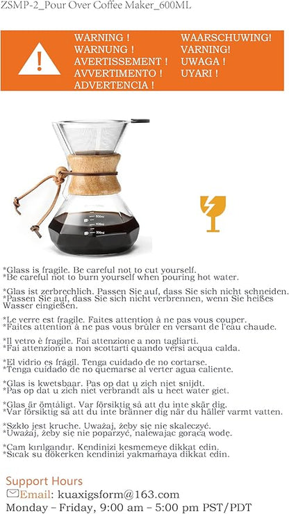 Pour Over Coffee Maker with Stainless Steel Filter, 20 oz Borosilicate Glass Coffee Carafe, Wooden Collar, Coffee Maker Carafe, Hold 3-4 Cups, 600 ml, Clear