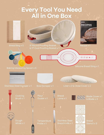 Ganiza Sourdough Starter Kit, Cotton Rope Sourdough Bread Baking Supplies, 9'' Round & 10'' Oval Banneton Basket with Liners & Covers, Sourdough Proofing Basket Kit Gifts for Bakers Women Wife Mom