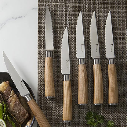 Natura Series 4.5” Serrated Steak Knife Set of 6, High Carbon Stainless Steel, Wooden Handle