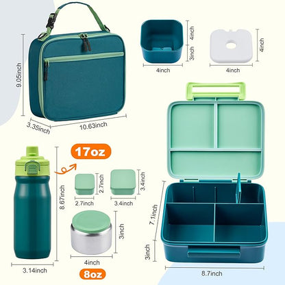 Bento Lunch Box for Kids with 8oz Soup Thermo, Leak-proof Lunch Food Containers with 5 Compartment, Insulated Lunch Bag & 17oz Stainless Steel Water Bottle for School, Trvael