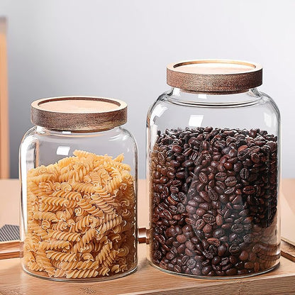 MOLFUJ 2500ML 83FL Oz Glass Storage Container with Wood Lid Large Decorative Organizer Bottle Canister Pantry Jar with Air Tight Wooden Lid for Food Coffee Candy Cereal Rice Flour Pop Spaghetti