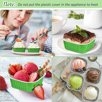 Aoriher 150 Pieces 10 oz Mini Cake Pans with Lids Aluminum Foil Baking Cups Square Disposable 4" x 4" Large Cupcake Cups Baking Tins for Kitchen Brownie Pudding Desserts Holders(Green)