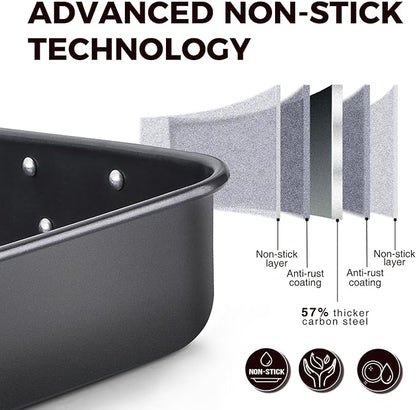 HONGBAKE Lasagna Pan 3 Inch Deep, 15x10" Baking Pan for Oven, Nonstick Cake Baking Dish for Brownie, Roasting Pans with Stainless Steel Handles, Heavy Duty, Dishwasher Safe, Dark Grey