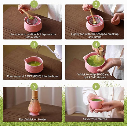 HELPLX Matcha Whisk Set 10-Piece Japanese Matcha Kit with BowlWhisk & Holder2 Tea CupsBamboo ScoopSpoonSifterScoop Rest & Tea Towel – Pink Matcha Tea Set for Ceremony or Daily Use