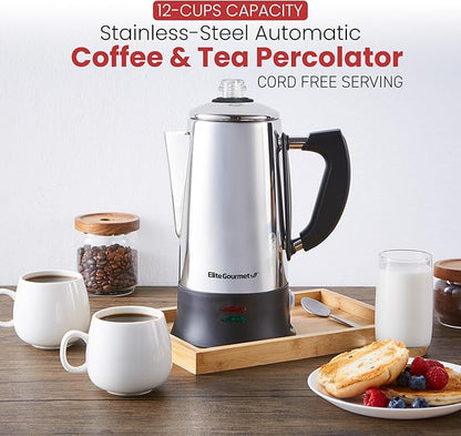 Elite Gourmet EC924 Electric Coffee Percolator, BPA Free, Keep Warm, Clear Brew Progress Knob, Cool-Touch Handle, Cordless Serve, 12-Cup, Stainless Steel