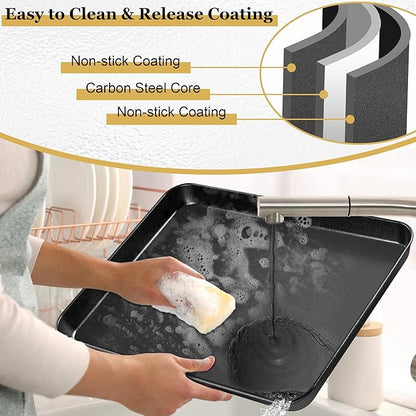 E-far 16x12 Inch Baking Sheet, Non-stick Cookie Sheet Pan for Oven Baking Cooking Roasting, Carbon Steel Tray Metal Bakeware for Jelly Roll Steak, Non-toxic & Warp Resistant, Easy Clean