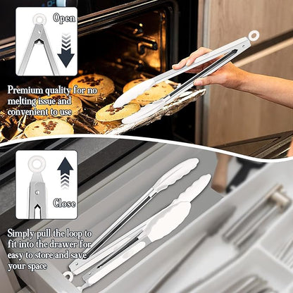 TeamFar Kitchen Tongs, 9" and 12" Stainless Steel Cooking Tongs with Silicone Tips for Cooking Grilling Serving & BBQ, Heat Resistant Silicone Tongs, Locking Design & Dishwasher Safe, Set of 2 & White
